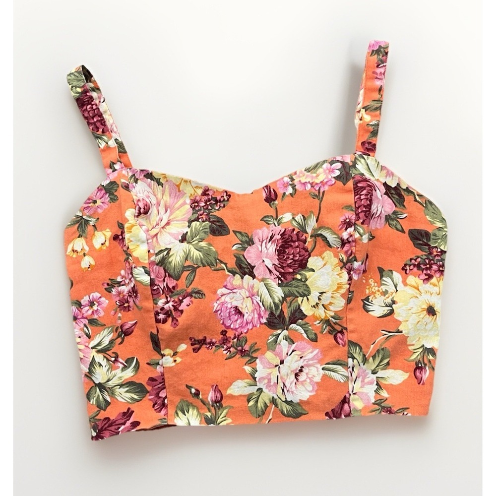 Sweet Rain Floral Print Crop Top Sleeveless Bralette  M Orange Summer Festival